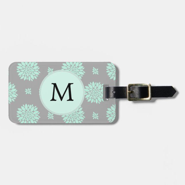 Personalisiertes Monogramm Minze und Graues Blumen Gepäckanhänger (Vorderseite horizontal)