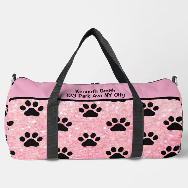 Personalisiertes Monogramm mit rosa Glitter-Pfoten Duffle Bag (Vorderseite)