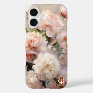 Personalisiertes Monogramm mit rosa Pfingstrosen iPhone 16 Hülle
