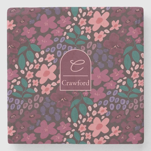 Personalisiertes Monogramm Moody Floral Steinuntersetzer (Vorderseite)