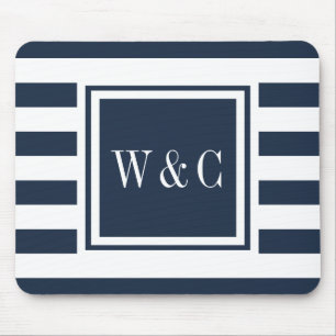 Personalisiertes Monogramm Navy Blau Weiße Streife Mousepad