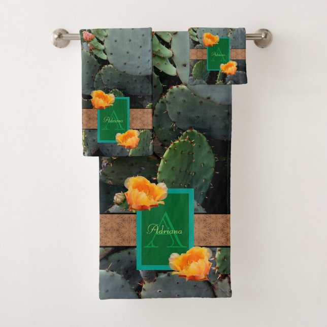 Personalisiertes Monogramm Orange Prickly Pear Cac Badhandtuch Set (Insitu)