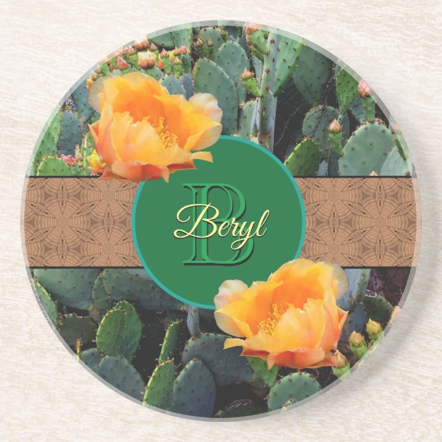 Personalisiertes Monogramm Orange Prickly Pear Cac Getränkeuntersetzer (Vorne)