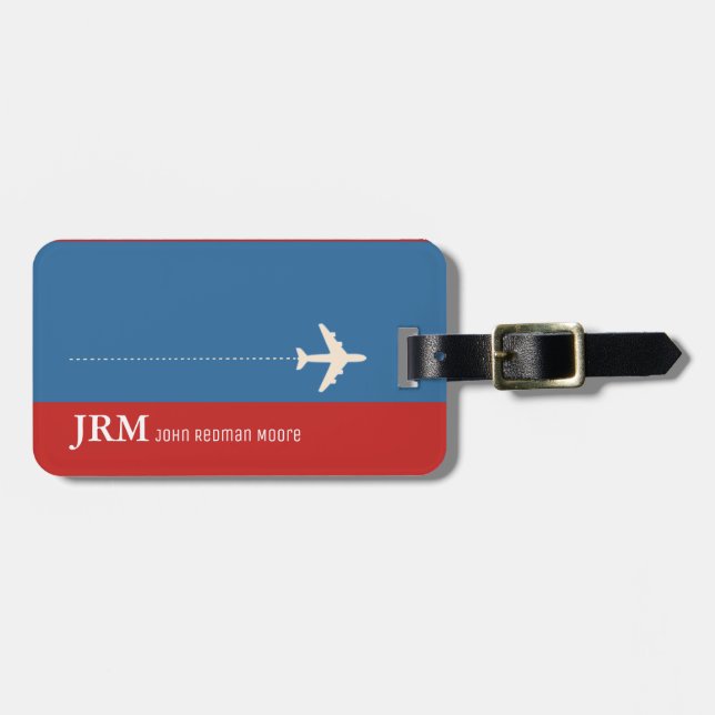 personalisiertes Monogramm Rot/Blau/Flugzeug Gepäckanhänger (Vorderseite horizontal)