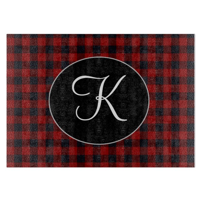 Personalisiertes Monogramm Rot und Schwarz Buffalo Schneidebrett (Vorderseite)