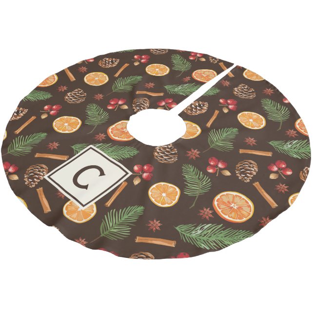 Personalisiertes Monogramm Rustikales Botanisches  Polyester Weihnachtsbaumdecke (Schrägansicht)