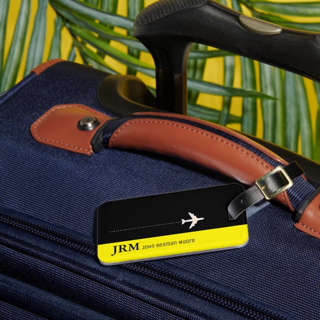 Personalisiertes Monogramm schwarz/gelb Flugzeug Gepäckanhänger (Vorderseite Insitu 3)