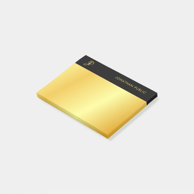 Personalisiertes Monogramm-Schwarz-Gold-Elegant Post-it Klebezettel (angewinkelt)