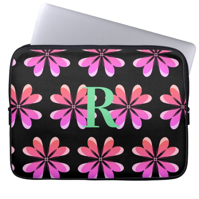 Personalisiertes Monogramm schwarz rosa Retro Laptopschutzhülle (Vorderseite)