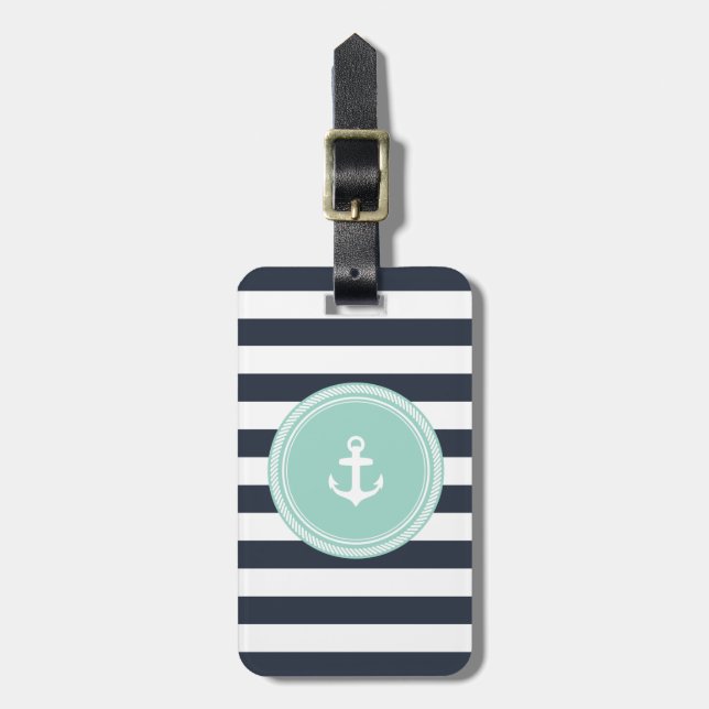 Personalisiertes Monogramm Seafoam und Navy Gepäckanhänger (Vorderseite vertikal)