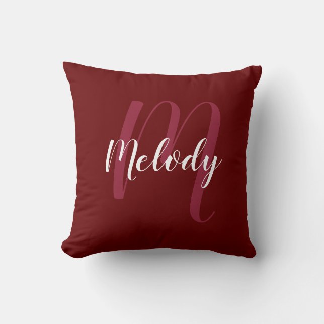 Personalisiertes Monogramm und Name Burgandy Red Kissen (Vorderseite)