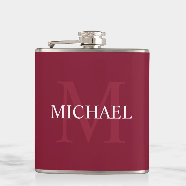 Personalisiertes Monogramm und Name Burgundy Red Flachmann (Von Creator hochgeladen)