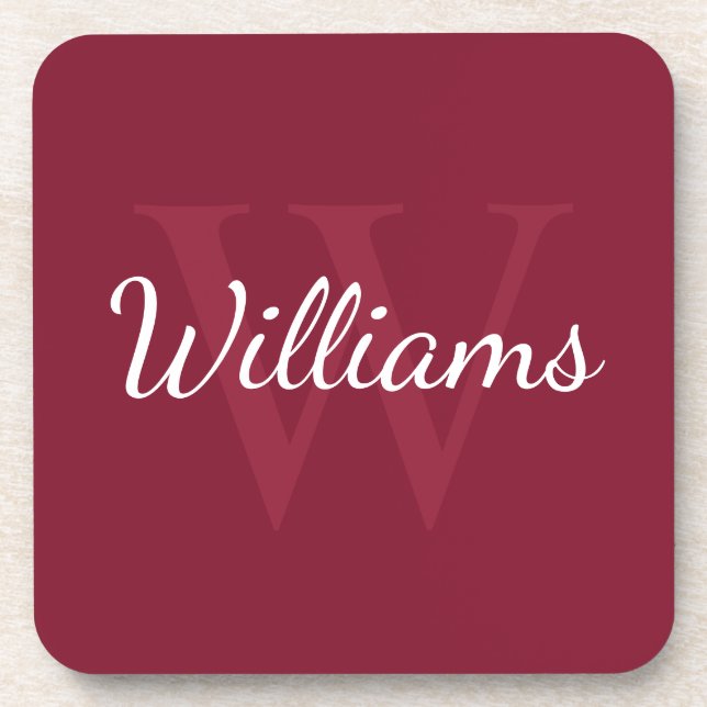 Personalisiertes Monogramm und Name Burgundy Red Getränkeuntersetzer (Vorderseite)