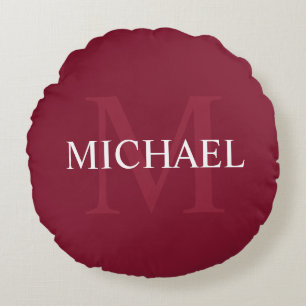 Personalisiertes Monogramm und Name Burgundy Red Rundes Kissen