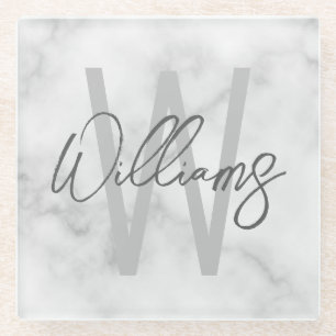 Personalisiertes Monogramm und Name für das weiße Glasuntersetzer