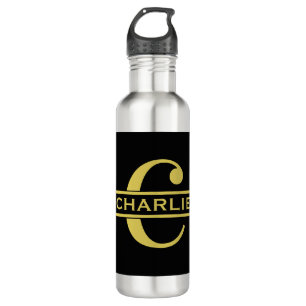 Personalisiertes Monogramm und Name in Schwarz und Edelstahlflasche