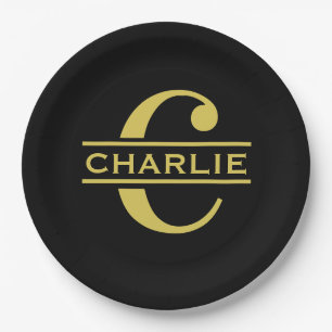 Personalisiertes Monogramm und Name in Schwarz und Pappteller