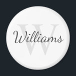 Personalisiertes Monogramm und Name Magnet<br><div class="desc">Personalisiertes Monogramm und Namensgeschenk enthält personalisierte Namen im Stil eines Schriftartes mit grauem Skript und Monogramm im hellgrauen Serif-Schriftart-Stil als Hintergrund, auf weißem Hintergrund. Perfekt als Feriengeschenk, Familienvorzüge und Geschenk für alle besondere Anlässe, Wiedersehen.</div>