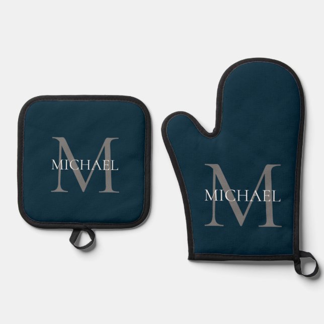 Personalisiertes Monogramm und Name Navy Blue Ofenhandschuh & Topflappen-Set (Vorderseite)