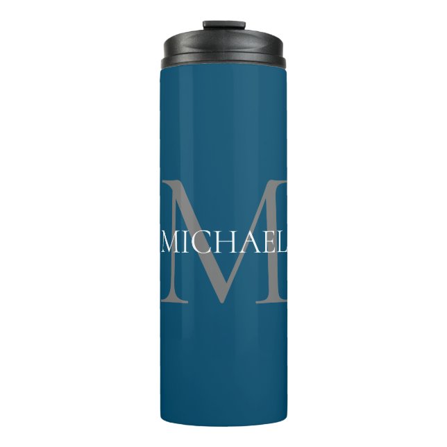 Personalisiertes Monogramm und Name Ocean Blue Thermosbecher (Vorderseite)