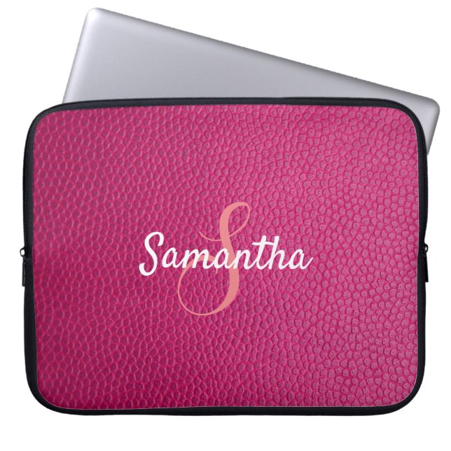 Personalisiertes Monogramm und Name Rosa Leder Laptopschutzhülle (Vorderseite)