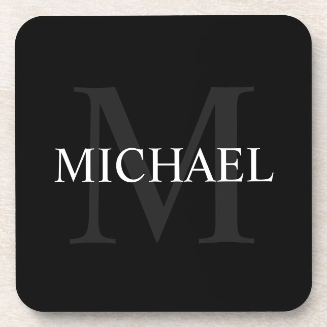 Personalisiertes Monogramm und Name Schwarz Getränkeuntersetzer (Vorderseite)