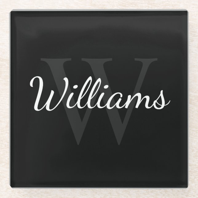 Personalisiertes Monogramm und Name Schwarz Glasuntersetzer (Vorderseite)