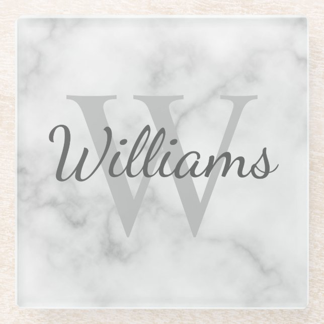 Personalisiertes Monogramm- und Namensmarmorbild Glasuntersetzer (Vorderseite)