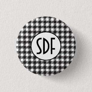 Personalisiertes monogrammiertes Schwarz-Weiß-Karo Button