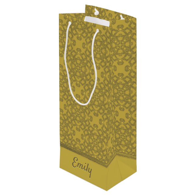 Personalisiertes Mustard Yellow Pattern Geschenktüte Für Weinflaschen (Rückseite Schrägansicht)