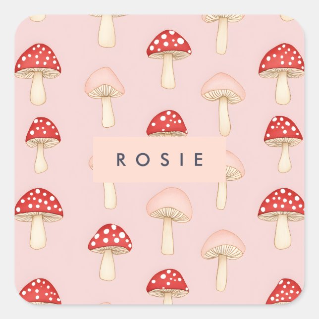 Personalisiertes Muster in Rosa Mushroom Quadratischer Aufkleber (Vorderseite)