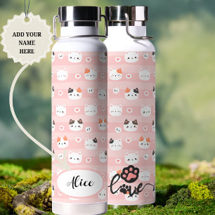Personalisiertes Namen-Design mit süßen rosa Katze Trinkflasche