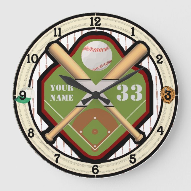 Personalisiertes Namen-und Zahl-Baseball-Feld Große Wanduhr (Vorderseite)