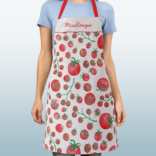 Personalisiertes Namens-Tomatenmuster Schürze (Fun Mediterranean summer watercolor tomato pattern apron)