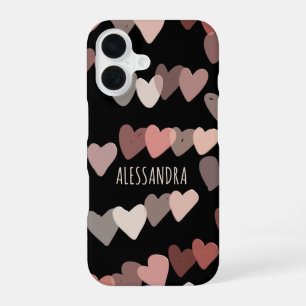 Personalisiertes Namensherzen-Muster Schwarz Rosa iPhone 16 Hülle