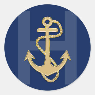 Personalisiertes Nautic Navy Blue Gold MONOGRAM Runder Aufkleber