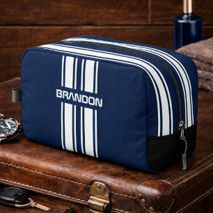 Personalisiertes Navy Blau Weiß Rennstreifen Reise Waschbeutel