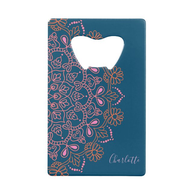 Personalisiertes Navy Blue Pink Floral Mandala Des Geldbeutel Flaschenöffner (Vorderseite)