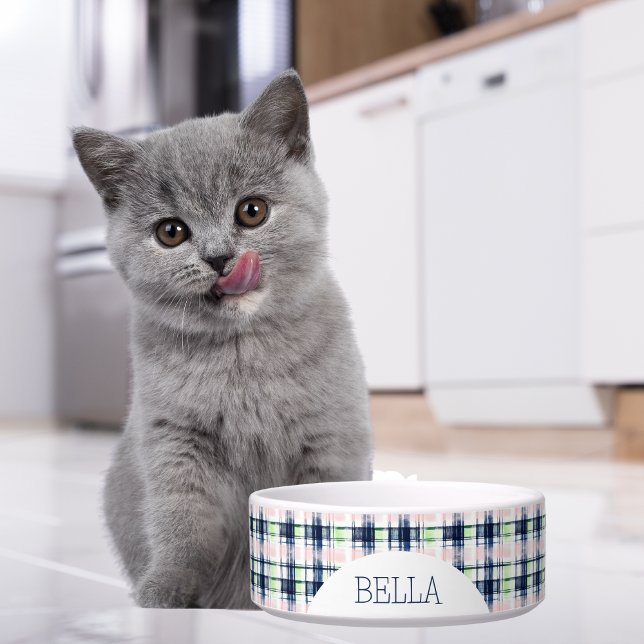 Personalisiertes Navy Blue & Pink Kariert Pet Napf (Von Creator hochgeladen)