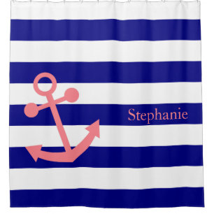 Personalisiertes Navy Blue und Blush Pink Duschvorhang
