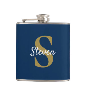 Personalisiertes Navy Blue und Gold Monogram Flachmann