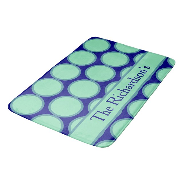 Personalisiertes Navy-Mint-Polka-Punkt-Muster Mode Badematte (Schrägansicht)