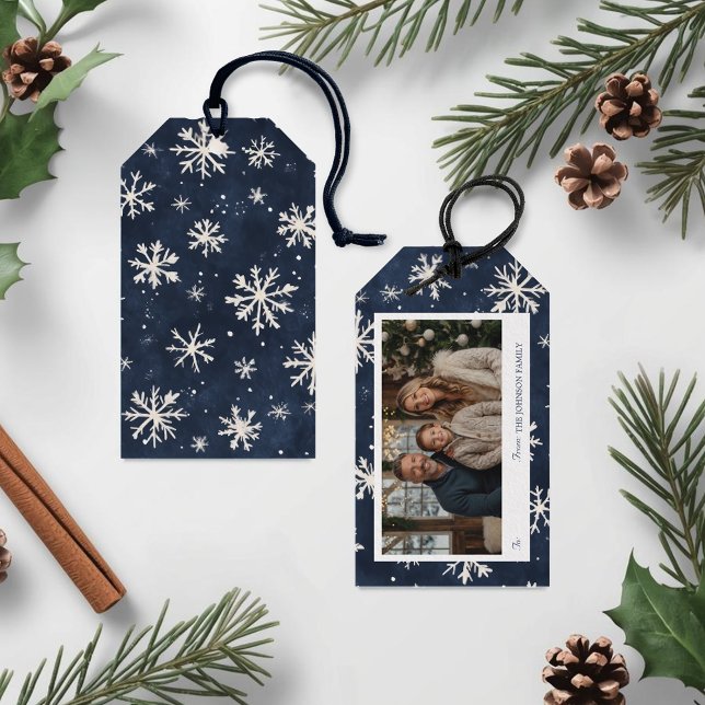 Personalisiertes Navy Snowflake Weihnachtsfest Fot Geschenkanhänger (Personalized Navy Snowflake Christmas Photo Gift Tags)