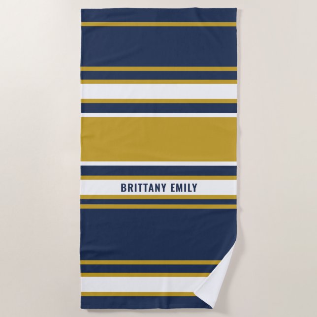 Personalisiertes Navy White Stripes Muster Strandtuch (Vorderseite)