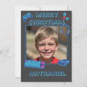 Personalisiertes Neon-Gamer-Foto Flaches Weihnacht Feiertagskarte