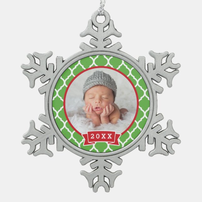 Personalisiertes Neugeborenes Foto Keepake Ornamen Schneeflocken Zinn-Ornament (Vorderseite)