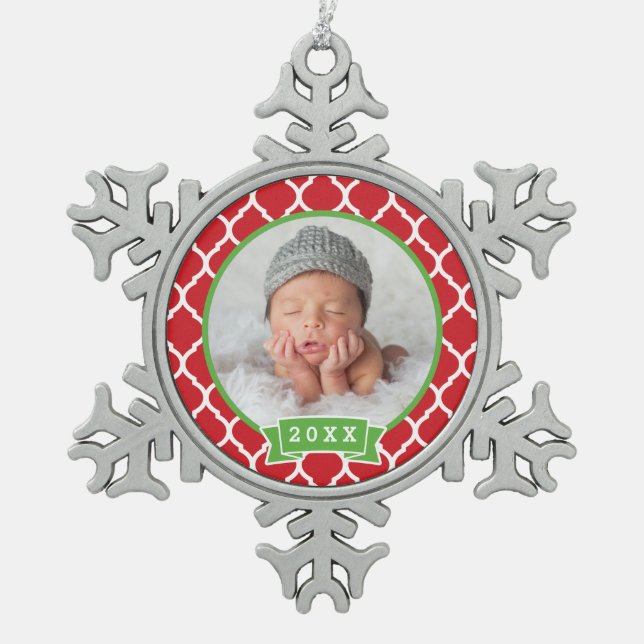 Personalisiertes Neugeborenes Foto Keepake Ornamen Schneeflocken Zinn-Ornament (Vorderseite)