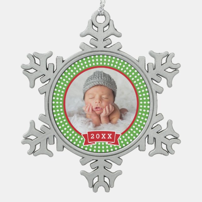 Personalisiertes Neugeborenes Foto Keepake Ornamen Schneeflocken Zinn-Ornament (Vorderseite)