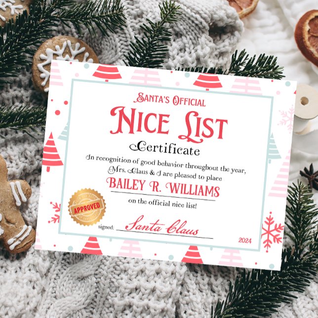 Personalisiertes Nice-Zertifikat vom Weihnachtsman (Nice List Official Santa Claus Certificate )
