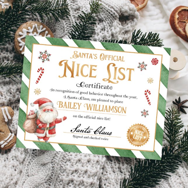 Personalisiertes Nice-Zertifikat vom Weihnachtsman (Nice List Official Santa Claus Certificate )